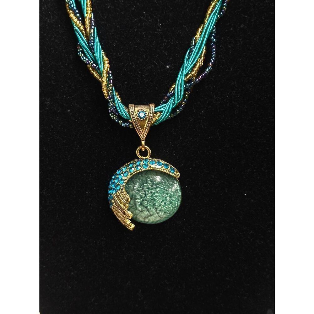 Turquoise/Gold Color Rhinestone & Faux Stone Beaded Pendant And Necklace
